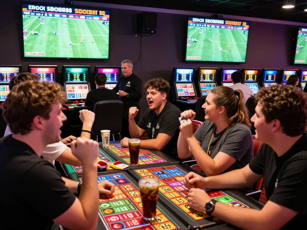 SBOBET88 sports betting event with friends cheering and analyzing odds in a vibrant casino.