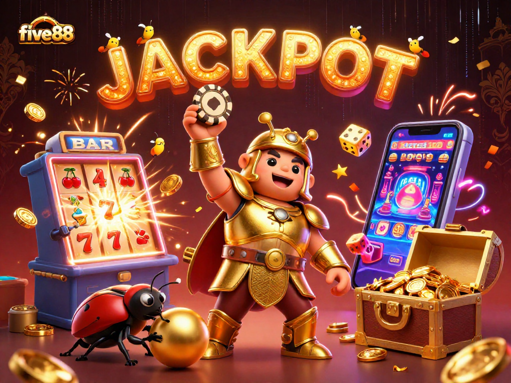 Play and win at five88 as the beetle champion lifts a poker chip in celebration amidst casino excitement.