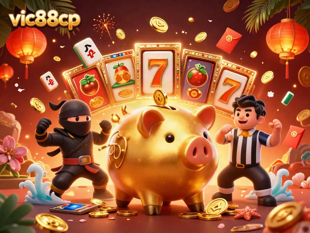 Experience thrilling action at vic88cp with a dynamic 3D casino scene showcasing a golden piggy bank wrestler and vibrant slot elements.
