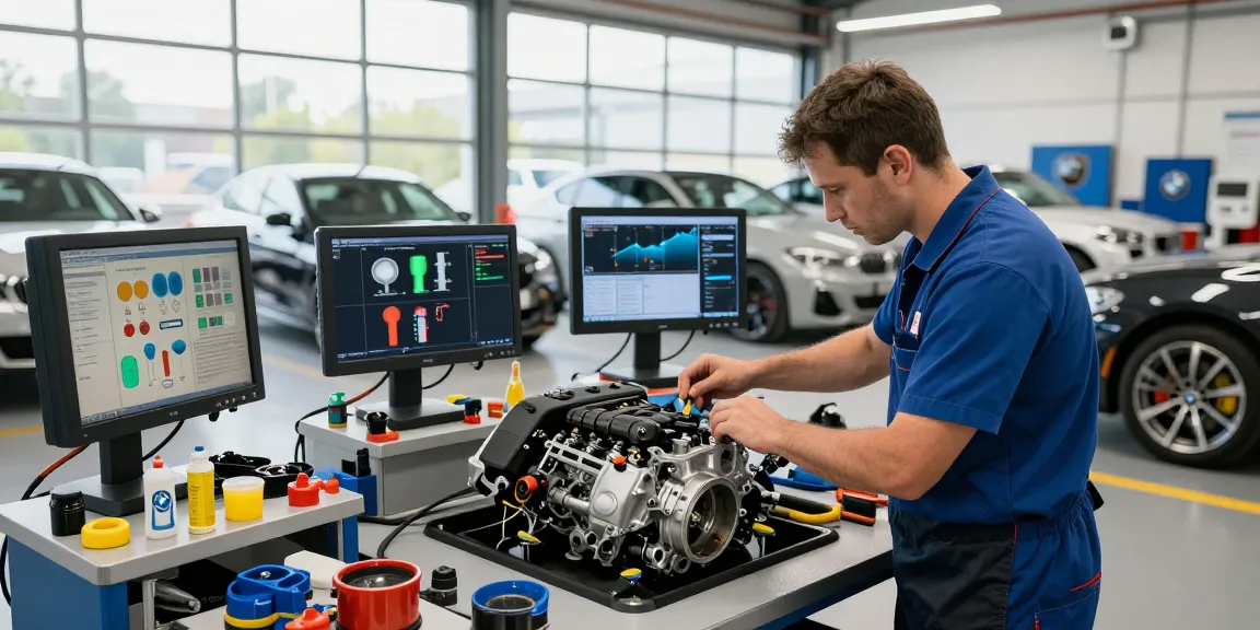 BMW Spezialisten führen Motordiagnosen in einer professionellen Kfz-Werkstatt durch.