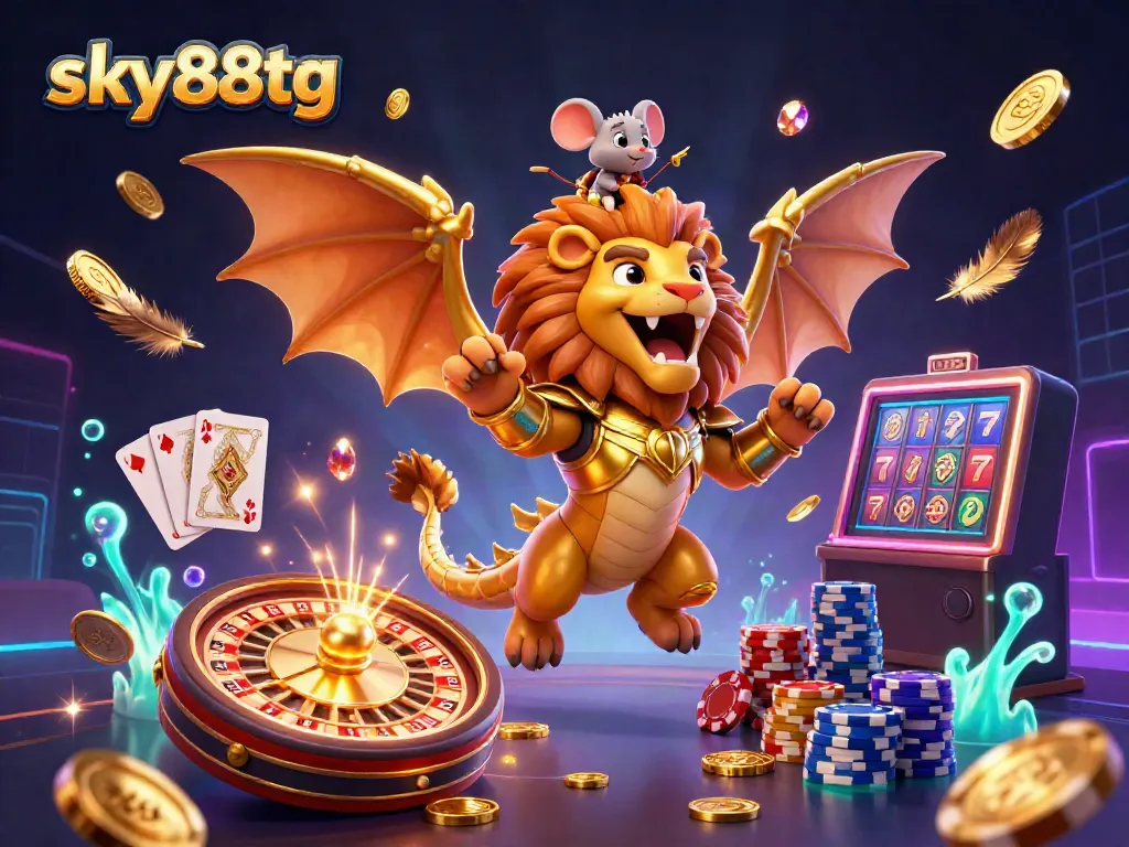 Experience excitement with sky88tg's vibrant 3D illustration showcasing golden coins, casino games, and a triumphant chimera.