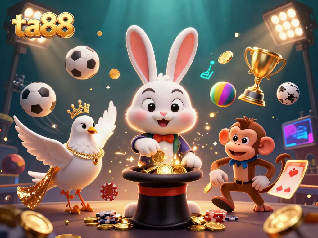Engage with ta88 by witnessing a magical scene of a rabbit pulling golden coins alongside charming casino elements.