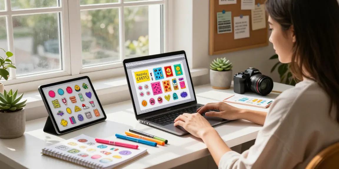 Creative workspace showcasing custom stickers design process with a designer at a colorful desk.
