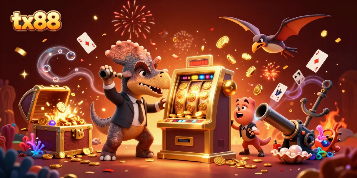 Experience the excitement at tx88 with a cartoon dinosaur winning jackpots from a slot machine.