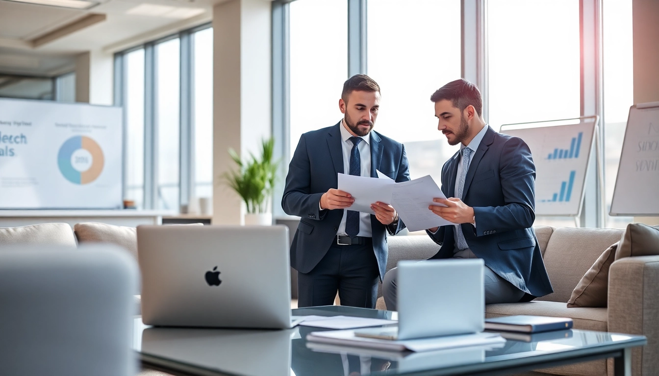 Headhunter IT discusses candidate profiles with managers in a bright office.