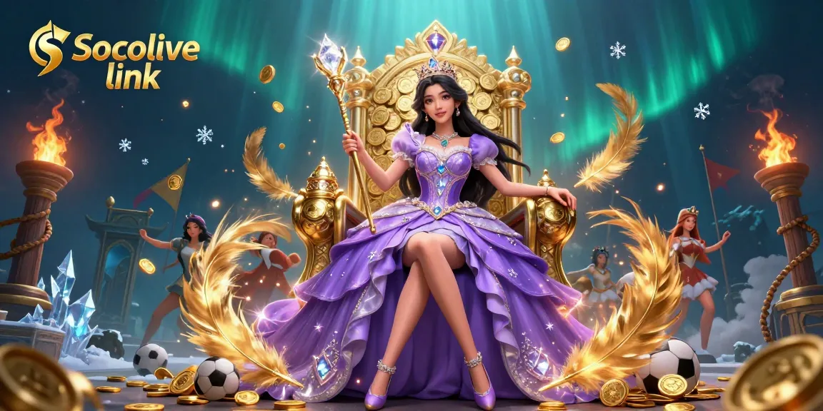 Experience the Socolive link with a regal Asian woman amid sports betting elements, promising dynamic action.