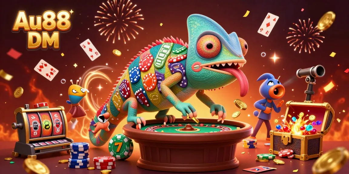 Engage with Au88 DM at the vibrant chameleon casino amid slot reels and festive elements.