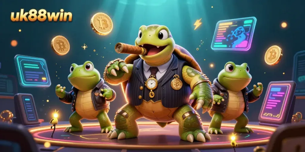 Experience thrilling casino action with uk88win featuring a mobster turtle and bullfrog enforcers.
