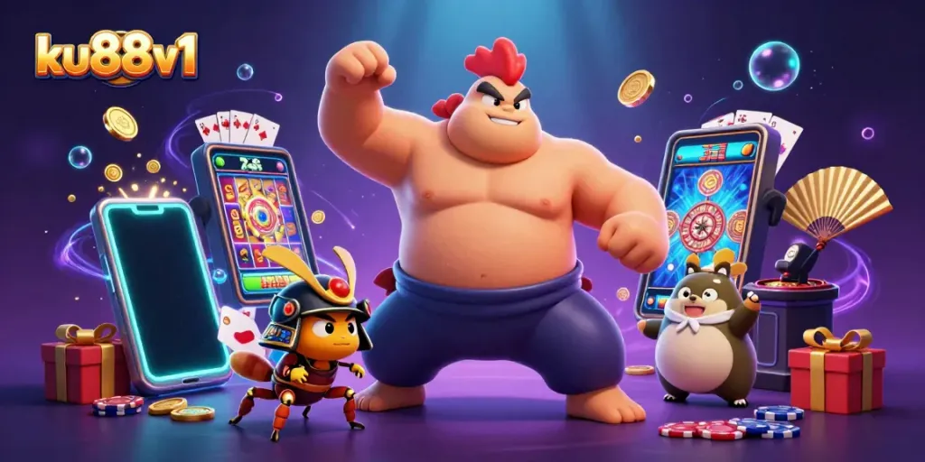 Experience the excitement of ku88v1 with vibrant characters celebrating big wins in a lively casino atmosphere.