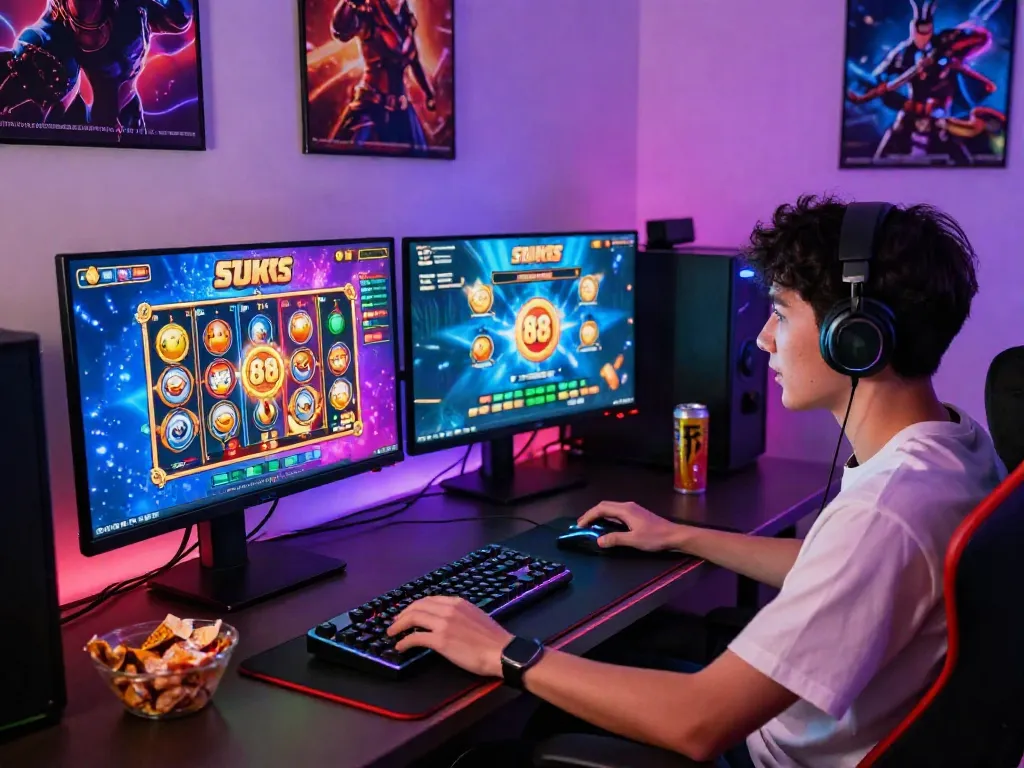 Exciting slot88 gaming experience with player at a modern desk.