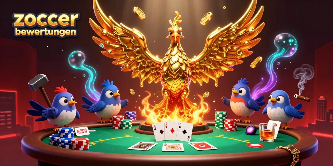 Die dynamische Darstellung von Zoccer Casino Bewertungen mit einem goldenen Phönix und Poker-Elementen