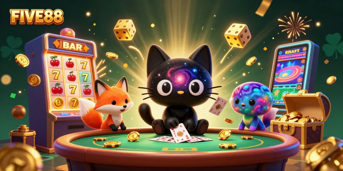 Experience engaging gaming action at FIVE88 with a cosmic cat and nebula fox amid casino excitement.