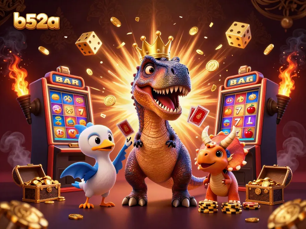 B52a attracts players with a fun casino scene featuring vibrant characters and dynamic game elements.