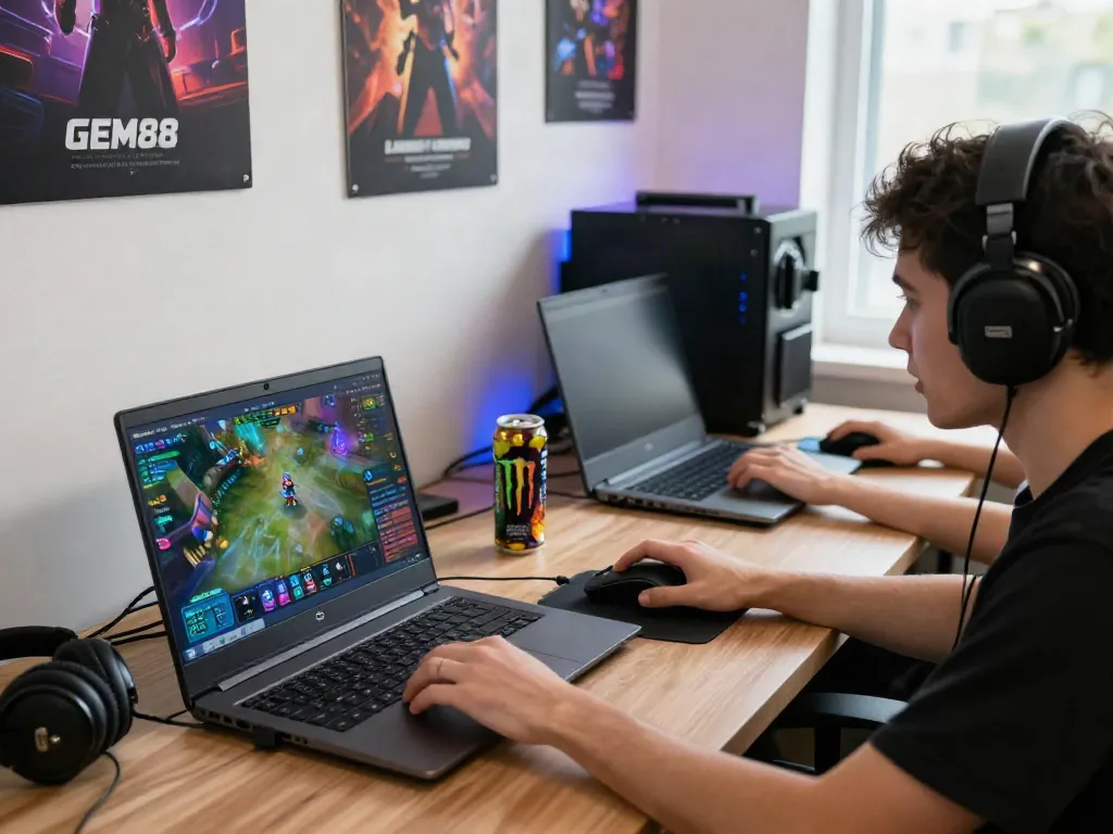 Engaged player on GEM88.bz enjoying online gaming experience and vibrant gaming accessories.