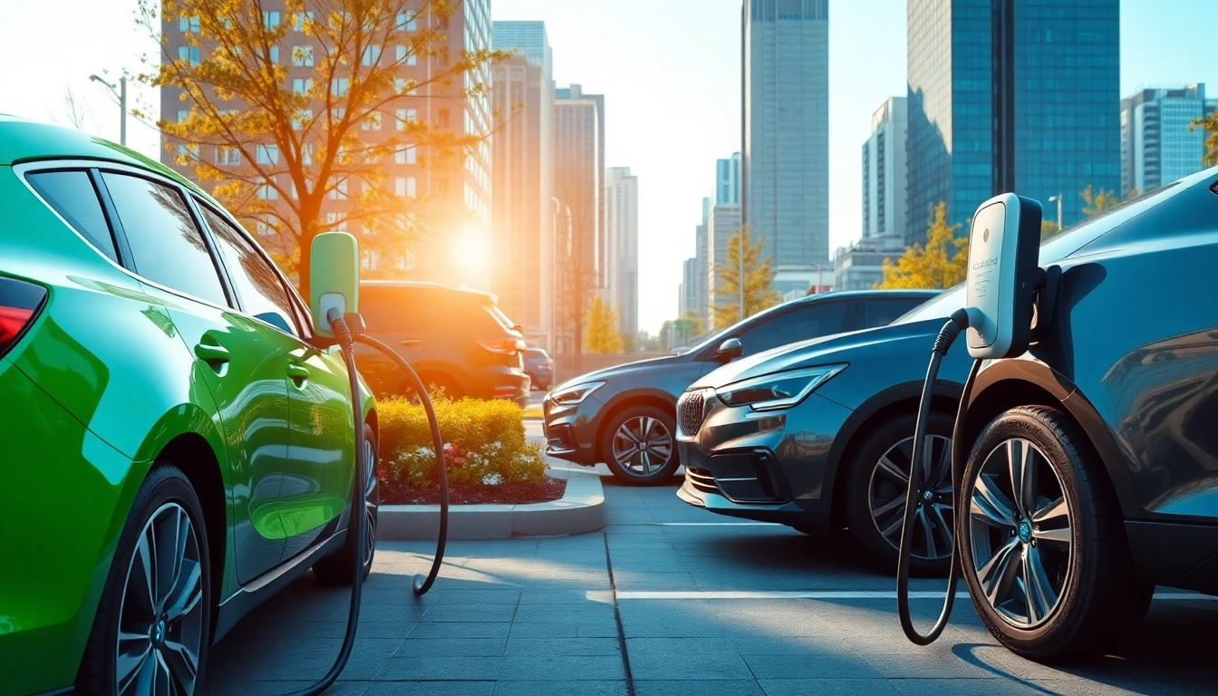 Elektroautos an einer modernen Ladestation in einer urbanen Umgebung sichtbar.