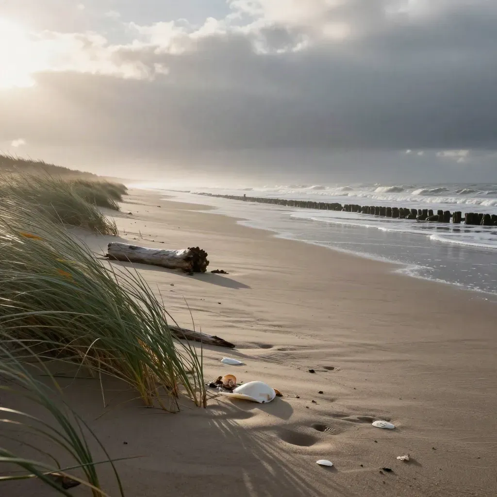 Verwobene Nordsee-Strandlandschaft im Morgenlicht mit nassem Sand und Strandhafer