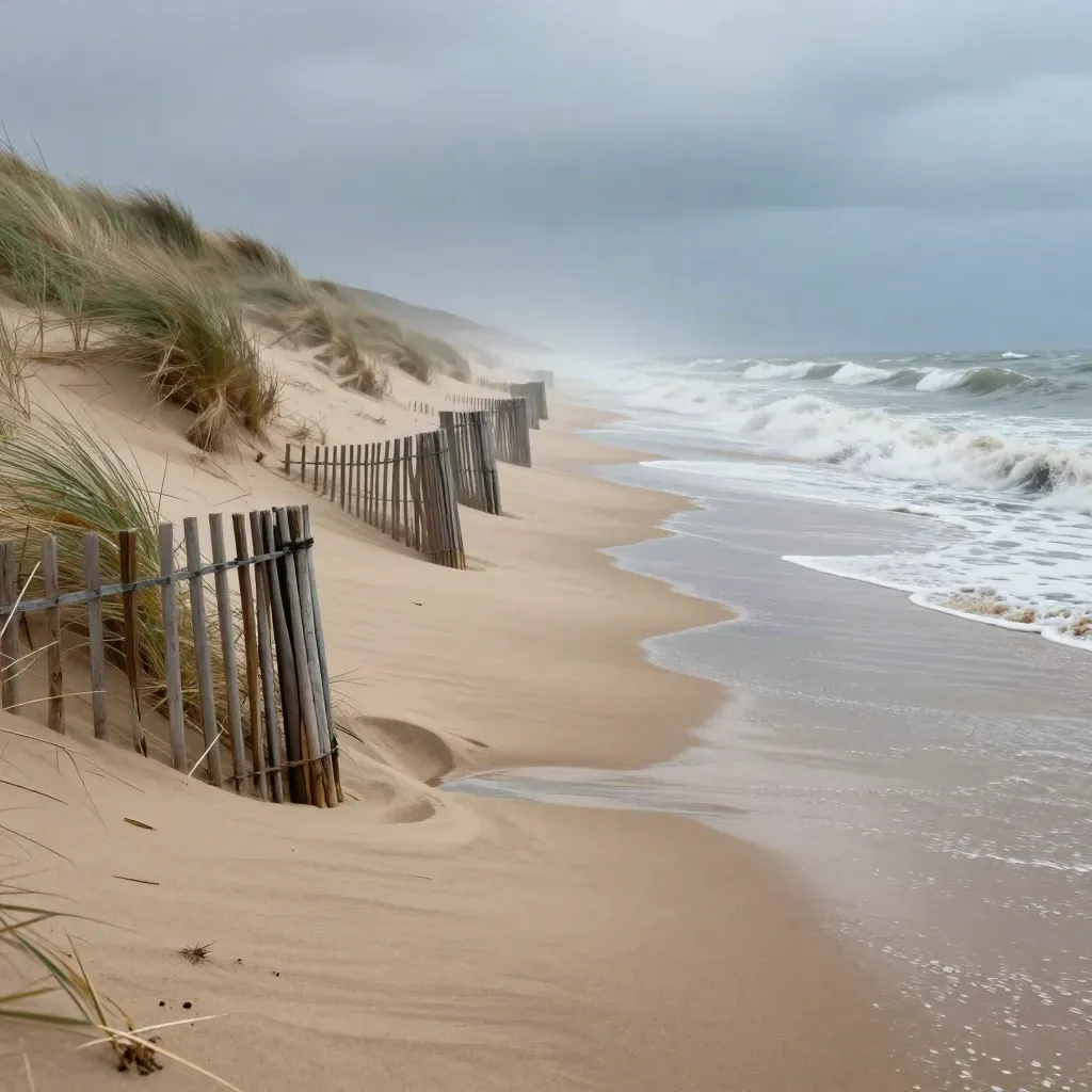Sturmflut an Nordsee-Düne mit Schutzzaun, nassem Sand und aufspritzender Gischt.