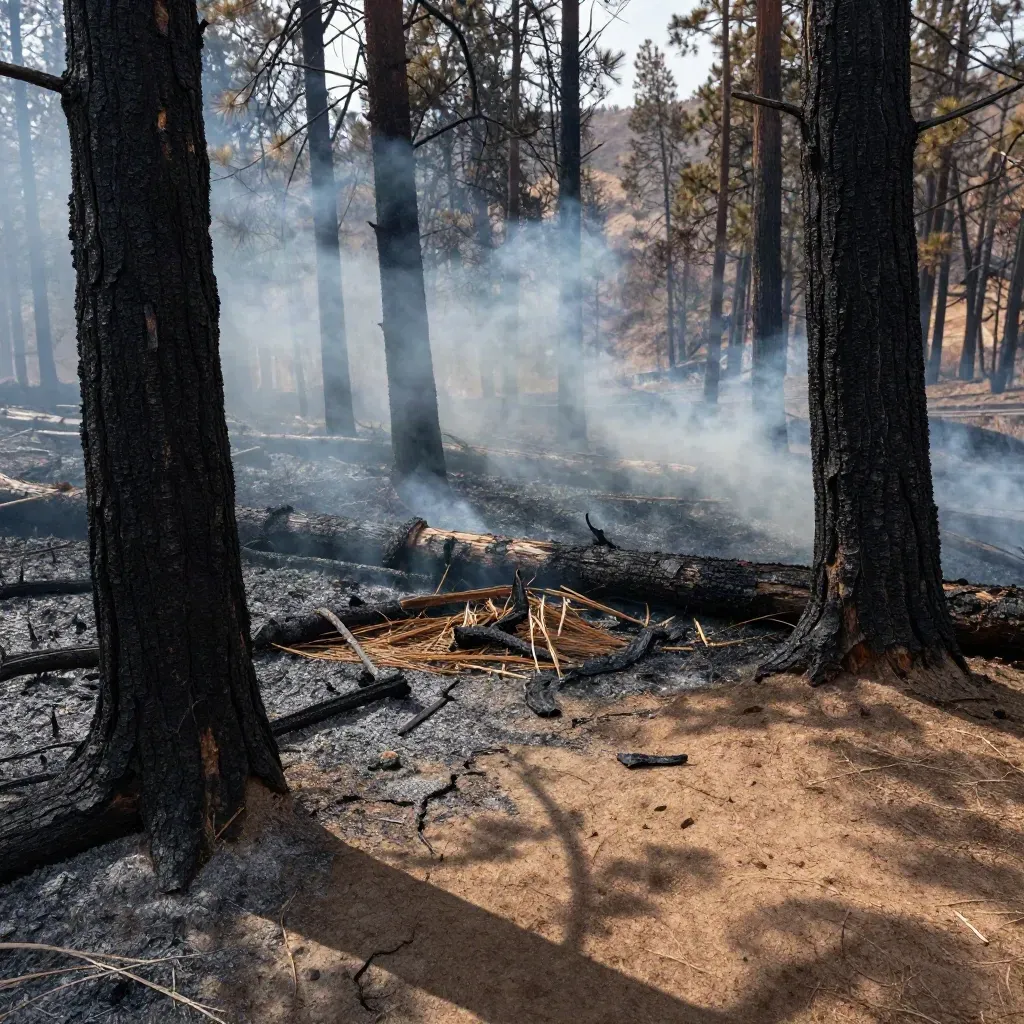 Verkohlter Kiefernsaum nach Waldbrand mit aufsteigendem Rauch