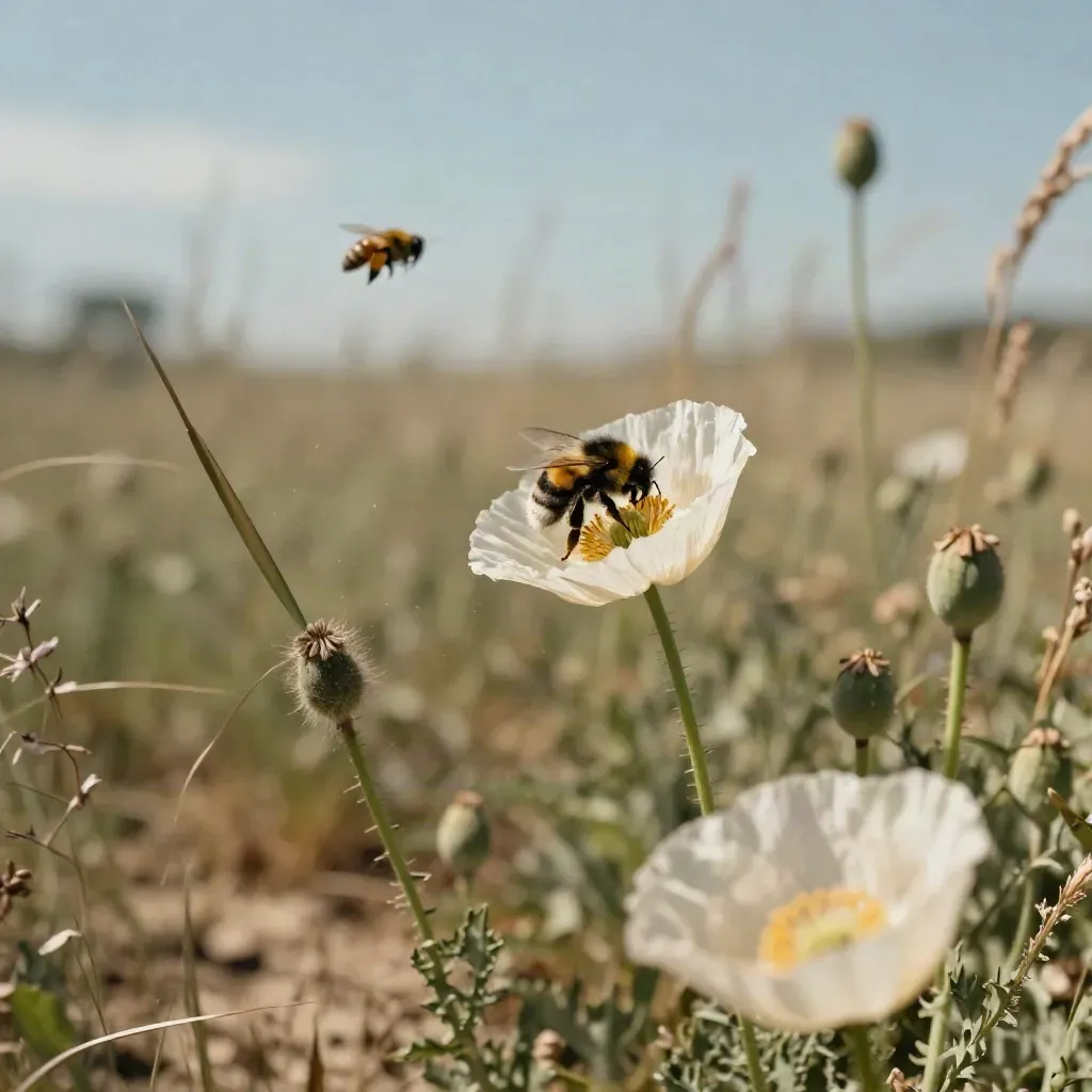 Hummel landet auf einer Wildblüte am blühenden Wegesrand