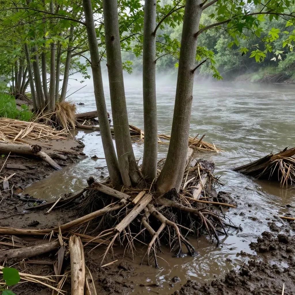 Junge Auenpflanzen am Rhein mit angeschwemmtem Holz, Schlamm und hohen Wasserlinien.