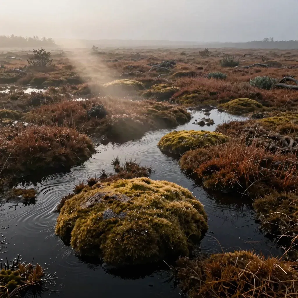 Hochmoor mit Moospolstern, schwarzen Wasseraugen und aufsteigendem Dunst.