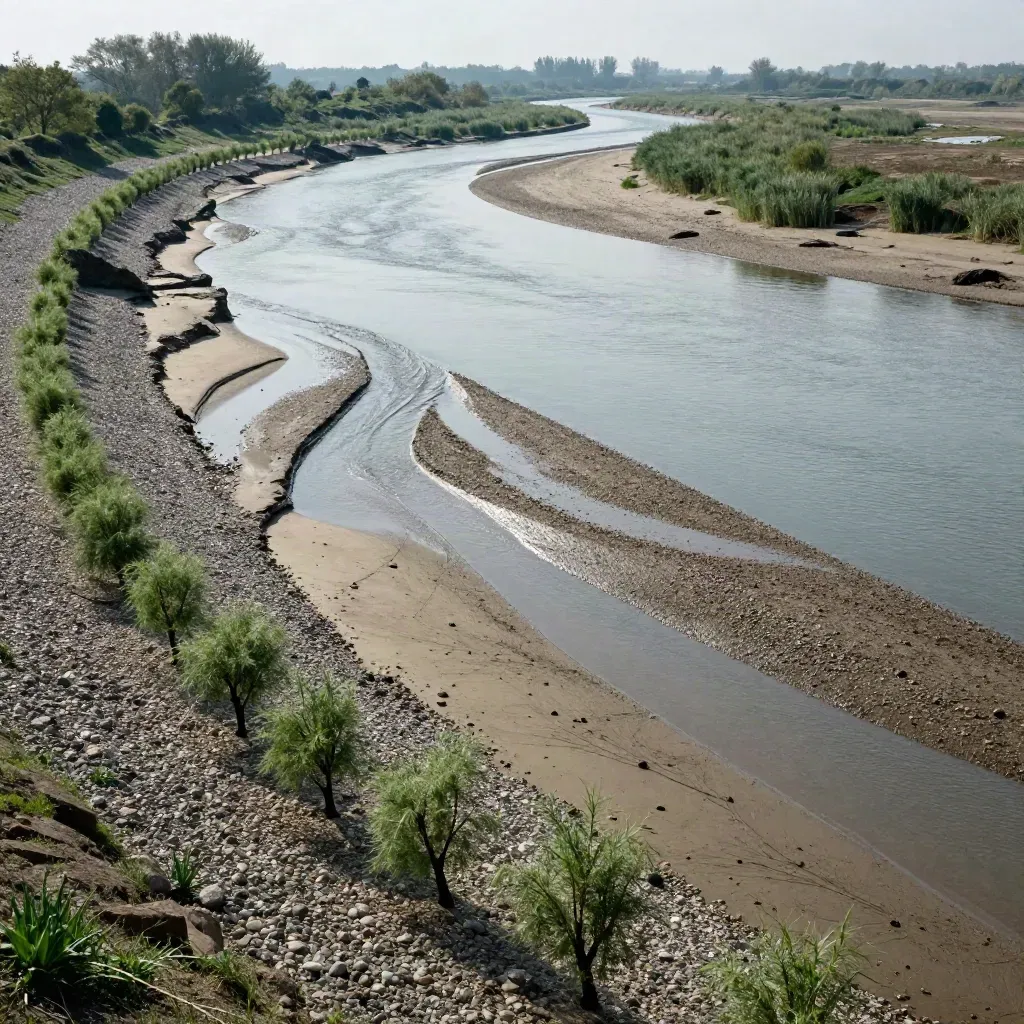 Hochwasser füllt Nebenarme einer breiten Flussaue mit Weidenjungwuchs und Kiesbänken.