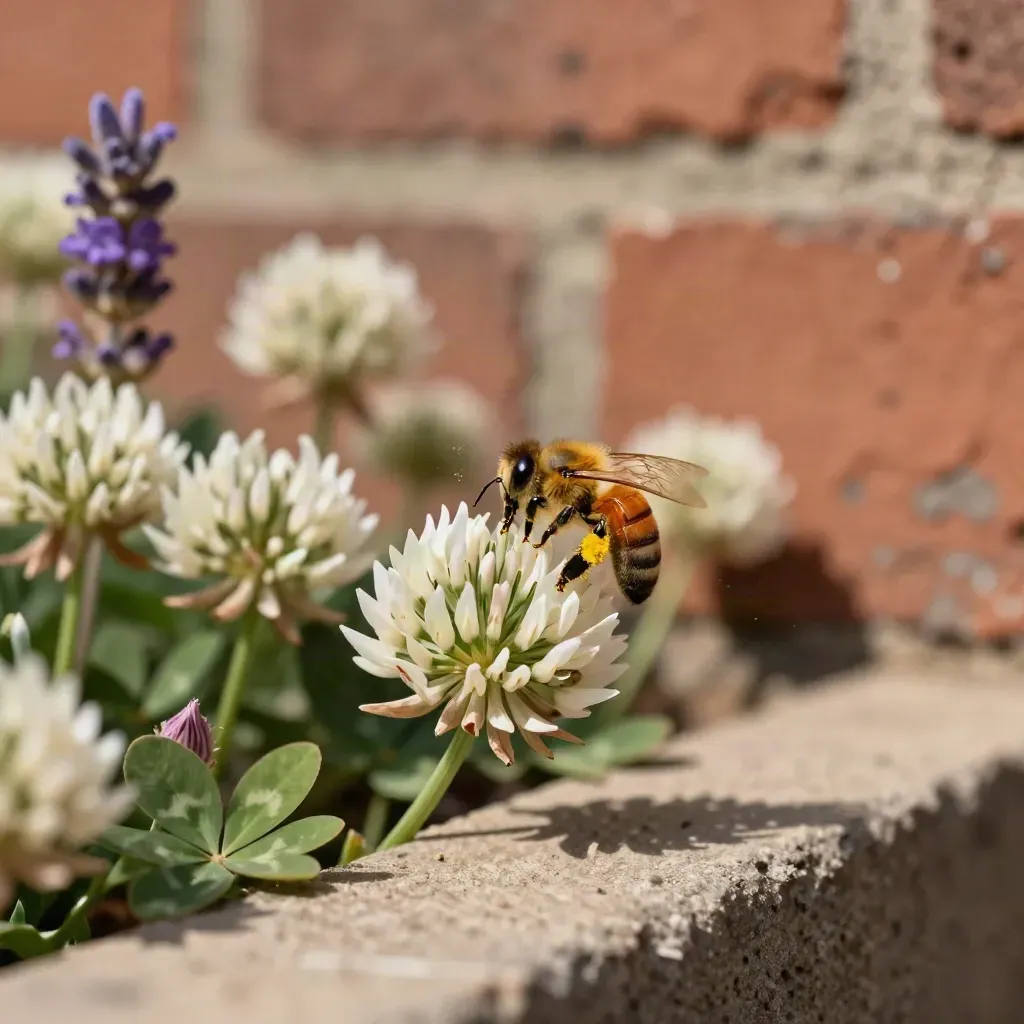 Makro einer städtischen Blühkante mit Klee, Lavendel, Disteln und Bienen im Nachmittagslicht