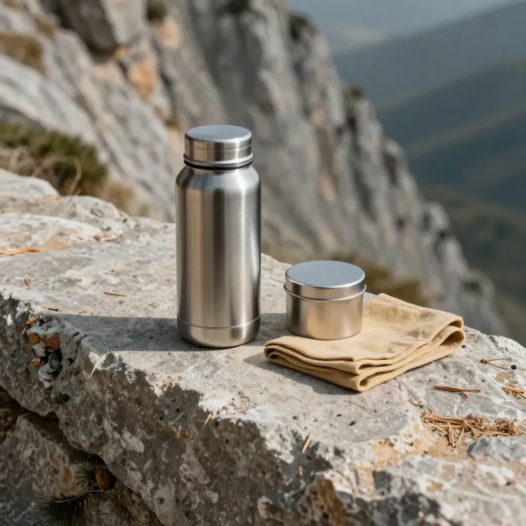Raststelle am Bergweg mit Trinkbehälter, Dose und Serviette auf Stein.