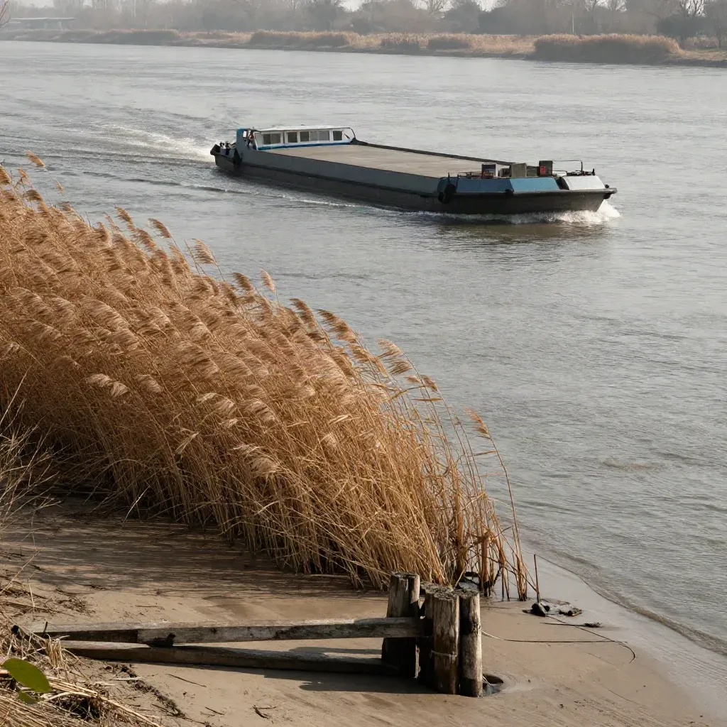 Schilf, Fährbarke und breiter Elbe-Raum im Wind, warmes Flusslicht.