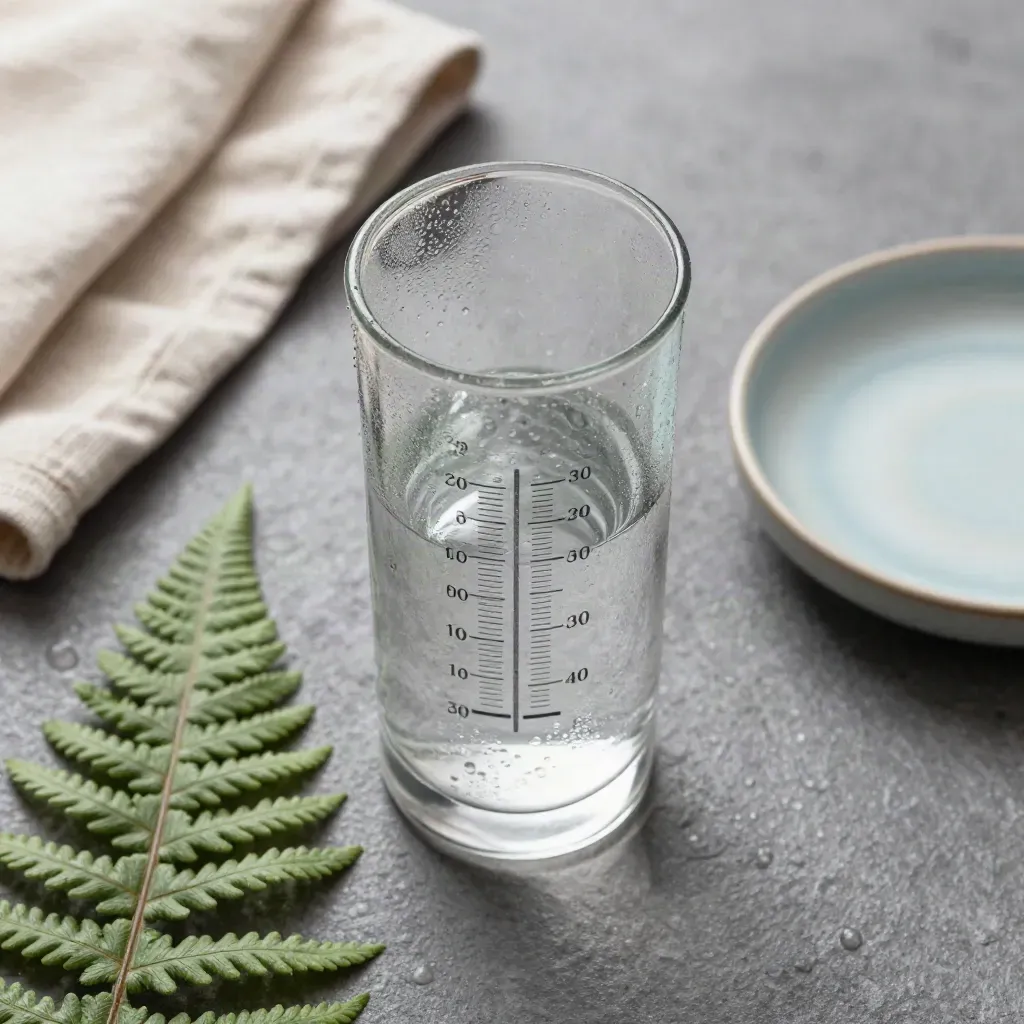 Glas-Regenmesser mit Farn, Leinentuch und Keramikschale auf Stein im sanften Licht
