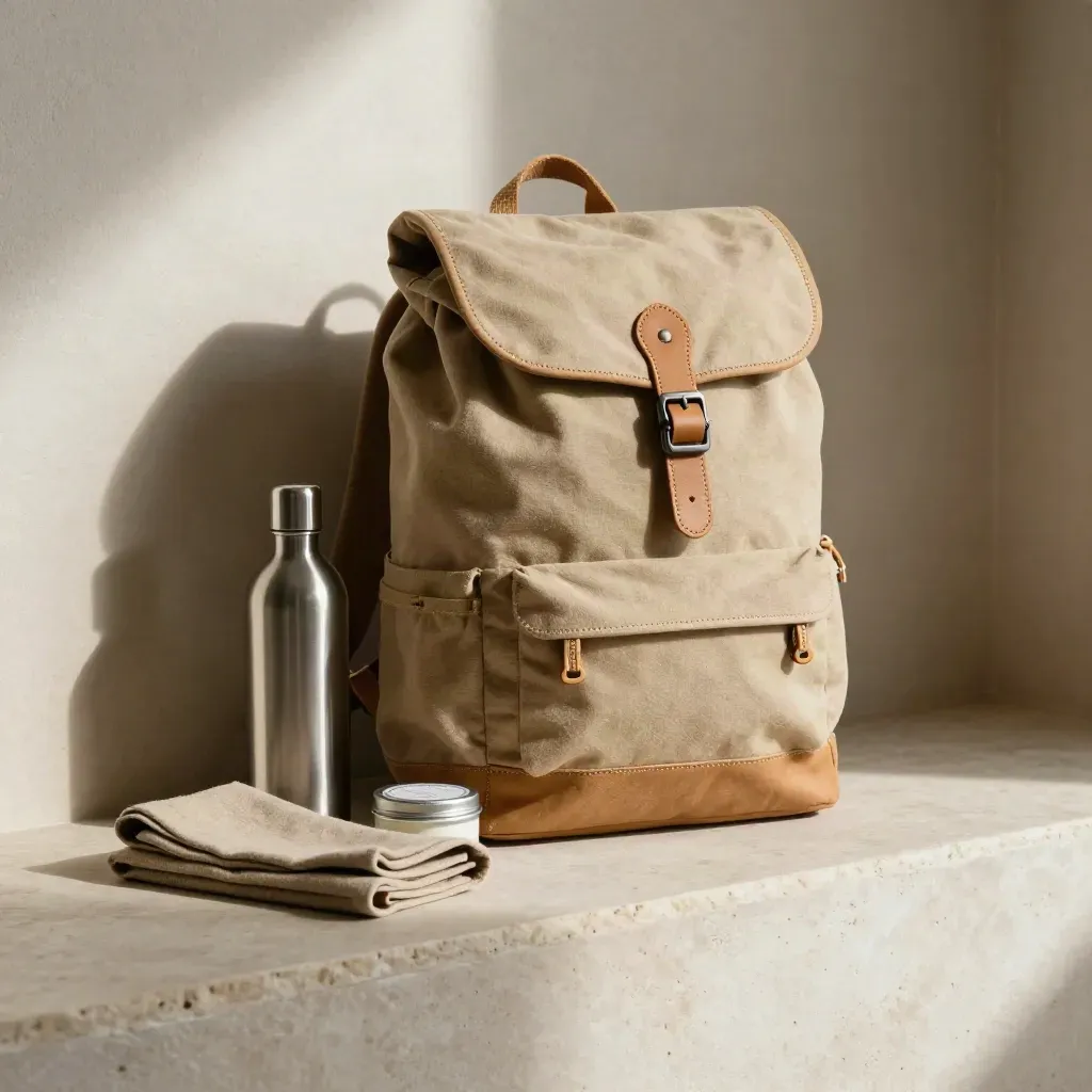 Canvas-Reiserucksack mit Flasche, Wachstuch und Seifendose auf hellem Stein.