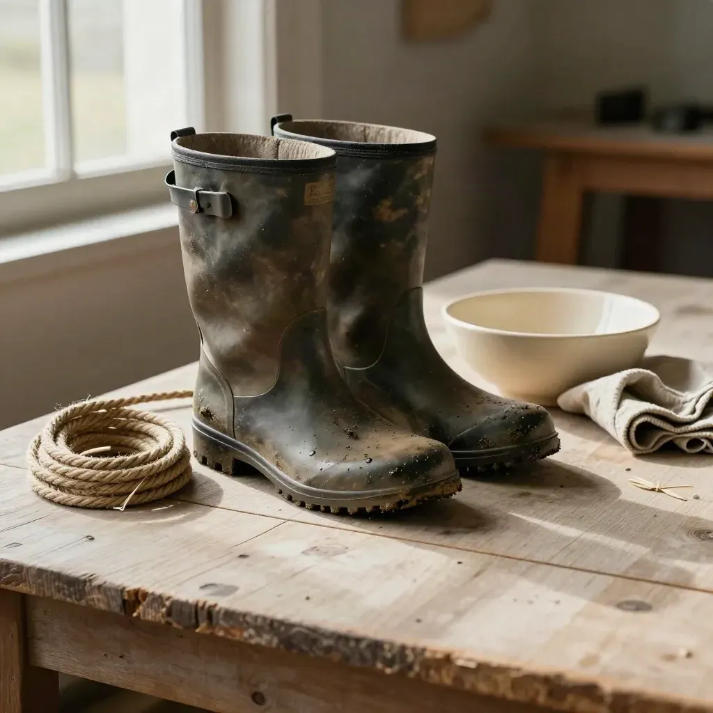Schlammfeuchte Moorstiefel mit Kordel, Tuch und Keramikschale auf hellem Holz.