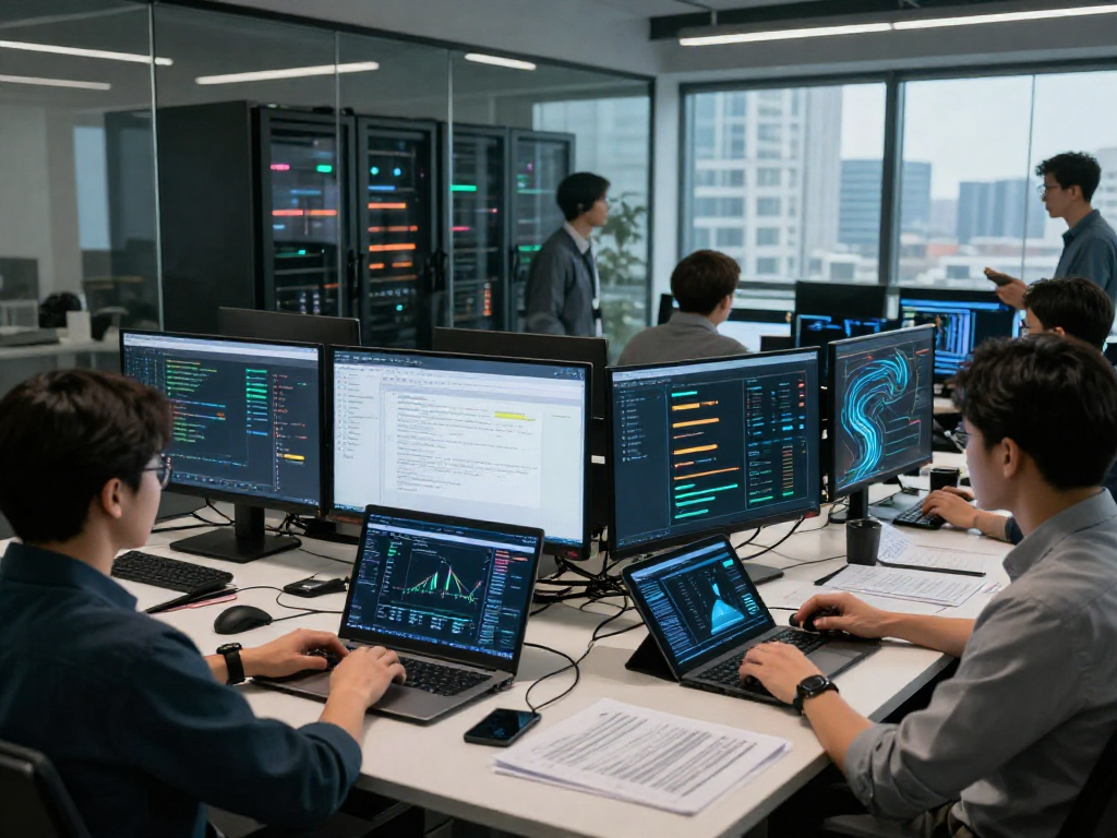 Team analyzing document fraud detection data in a modern cybersecurity office, showcasing advanced technology and collaboration.