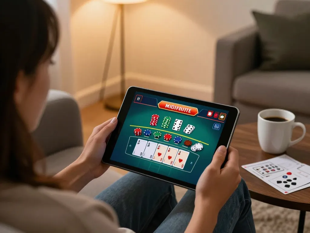 Gambling enthusiast engaging in blackjack on ee88go app, showcasing strategic gameplay and cozy home setup.