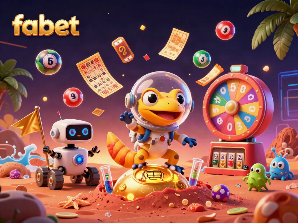 Experience fabet's thrilling casino adventure with a Martian gecko and vibrant lottery elements.