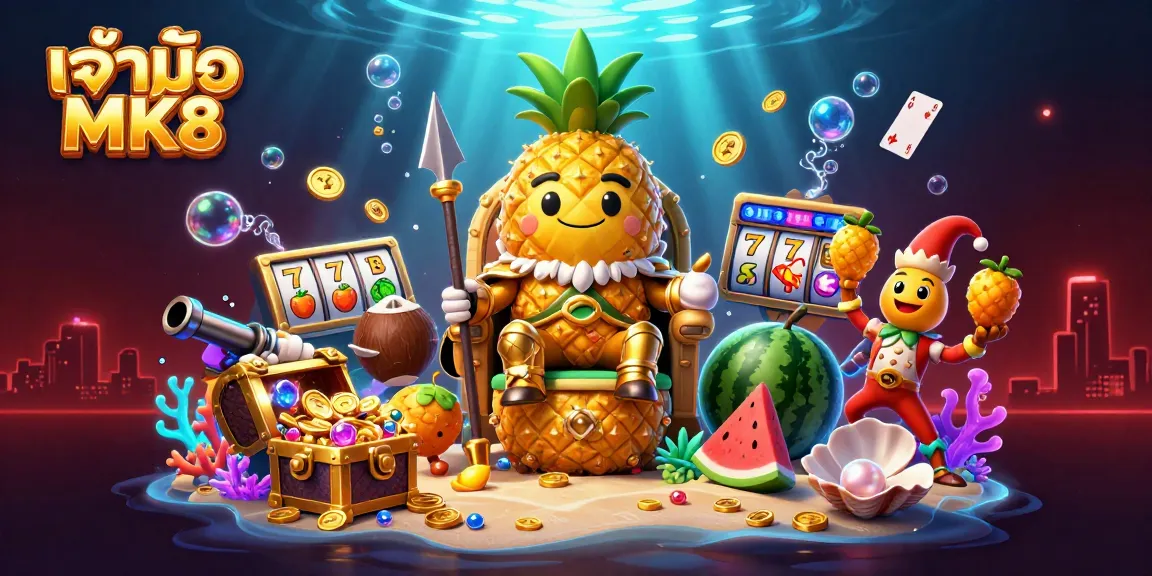 Experience the excitement of เจ้ามือ MK8 with this vibrant casino theme featuring a golden pineapple king and dynamic gaming elements.