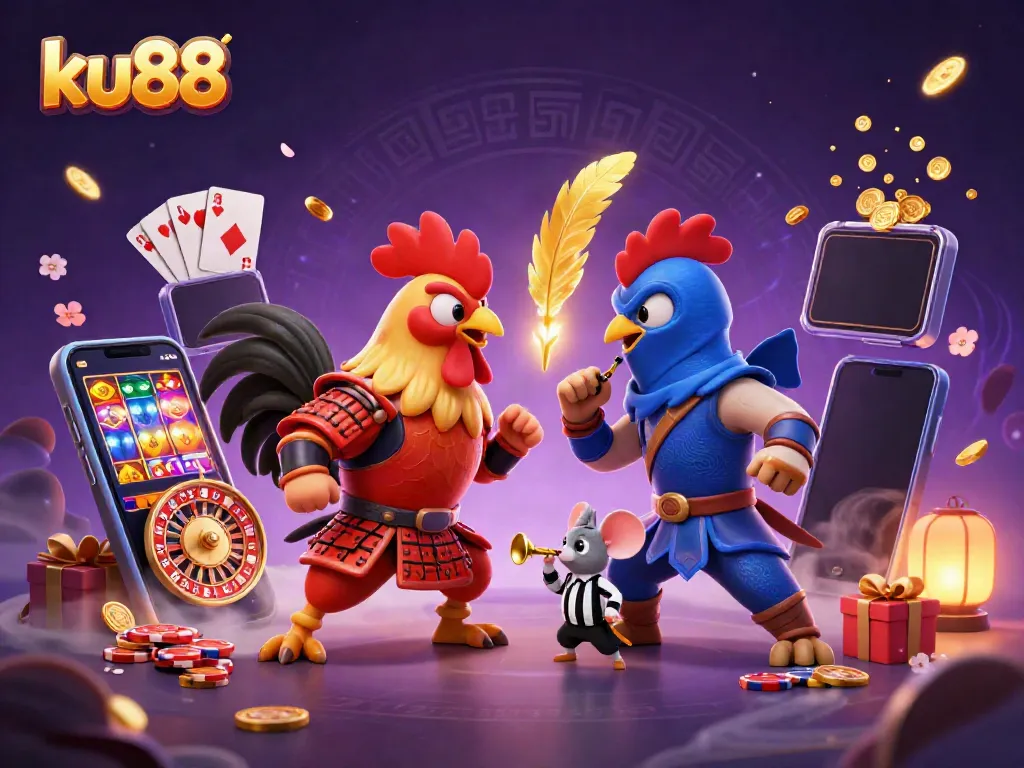 Experience ku88's exciting casino universe with quirky fighting roosters amidst vibrant slot games and dynamic gaming elements.