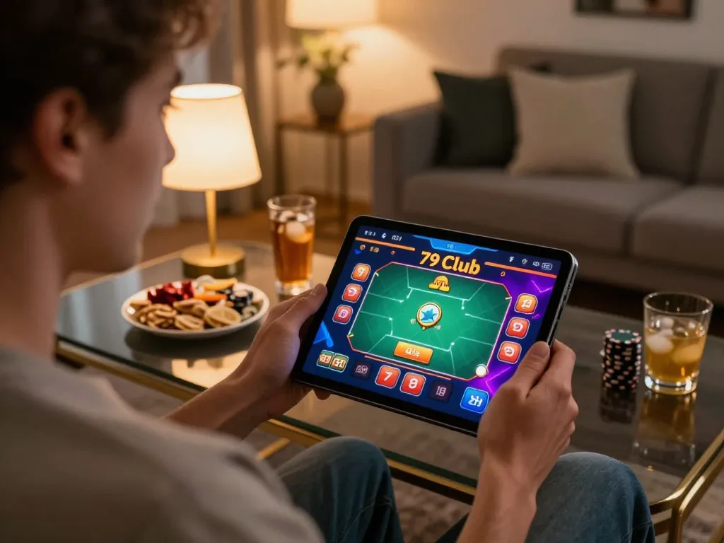 Engaged player enjoying exciting online poker at 79 club in a cozy home setting.