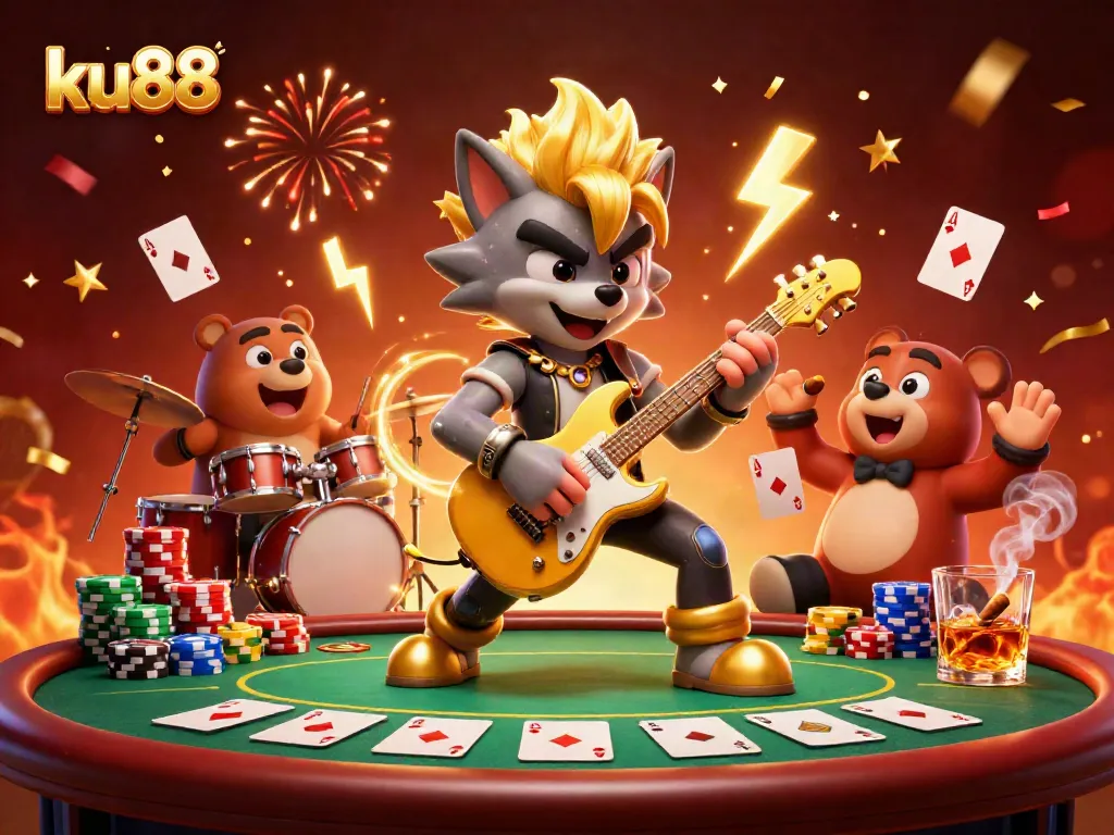Experience the thrill of ku88 with a cartoon rock star wolf and drummer bear in an electrifying casino performance.