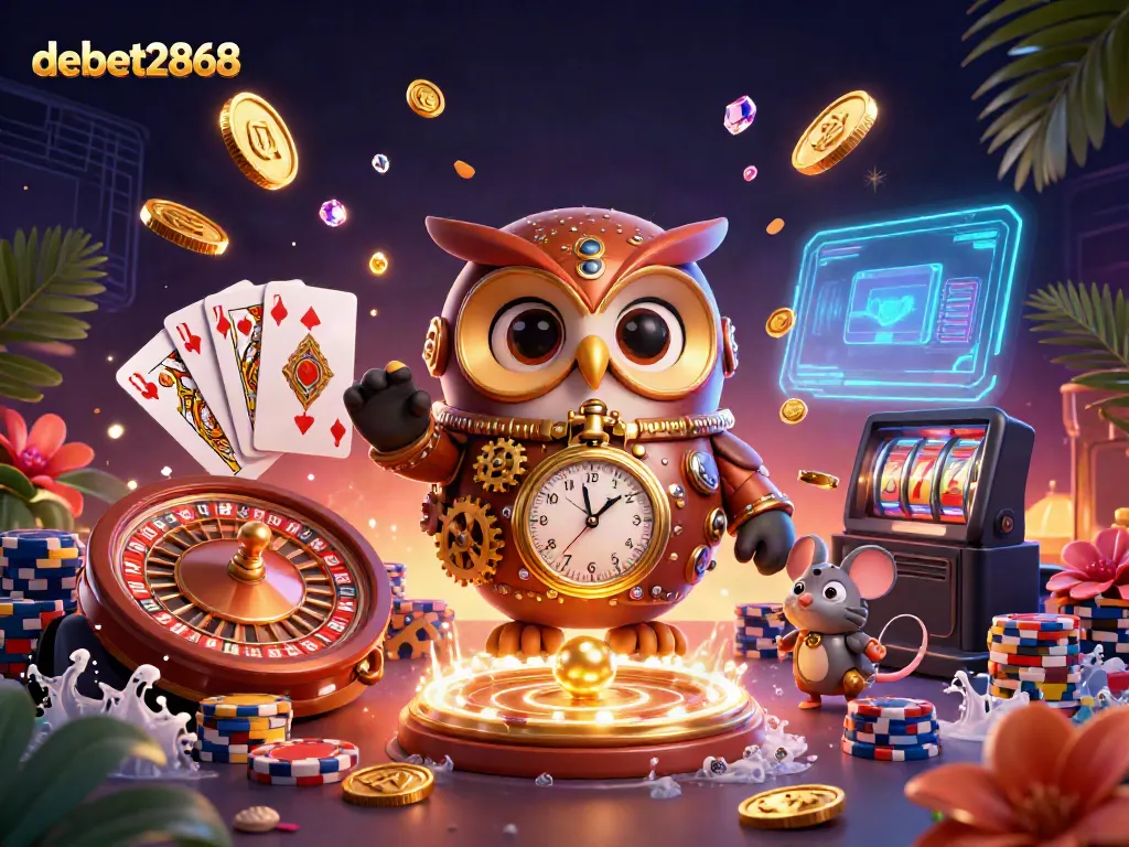 Engage with the dynamic casino scene showcasing debet2868, featuring an adventurous owl with steampunk elements, coins, and casino games.