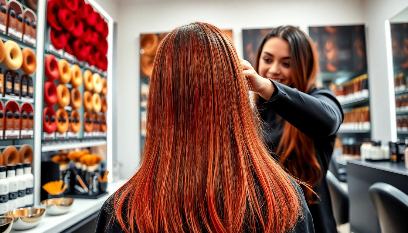 Beautiful hair salon scene showcasing ヘアカラー 美容室 with vibrant hair colors and professional hairstylist.