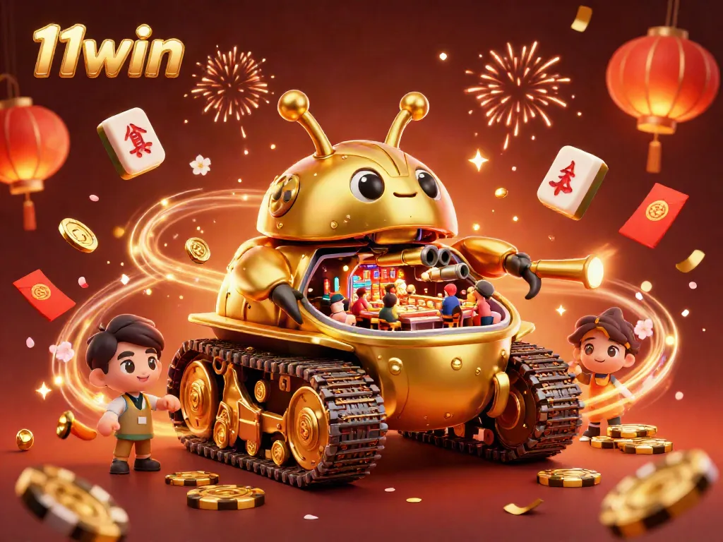 Experience epic wins at 11win with a captivating 3D casino scene, bursting with gold and festive details.