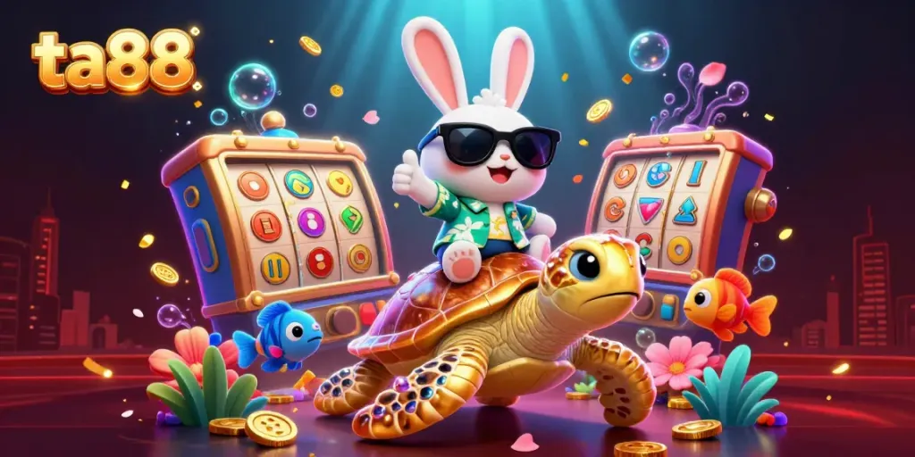 Win big at ta88 with the lucky rabbit riding a golden turtle, surrounded by festive slot games.