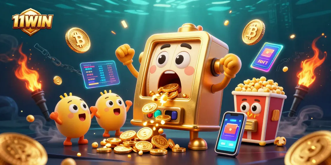 Experience 11WIN's thrilling jackpot scene with gleaming slot machines and golden coins cascading.