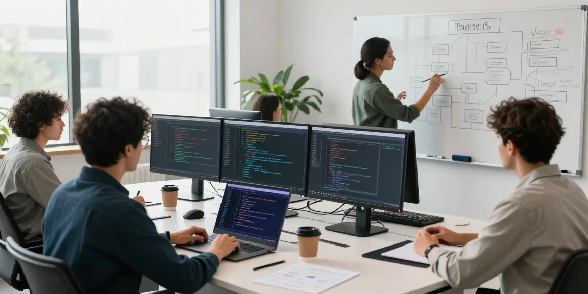 Build internal tools with AI in a collaborative tech workspace, featuring diverse developers coding and brainstorming.