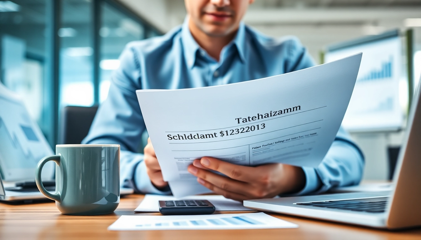 Analyse der Schulden Finanzamt Ratenzahlung mit einem Schreibtisch und Dokumenten