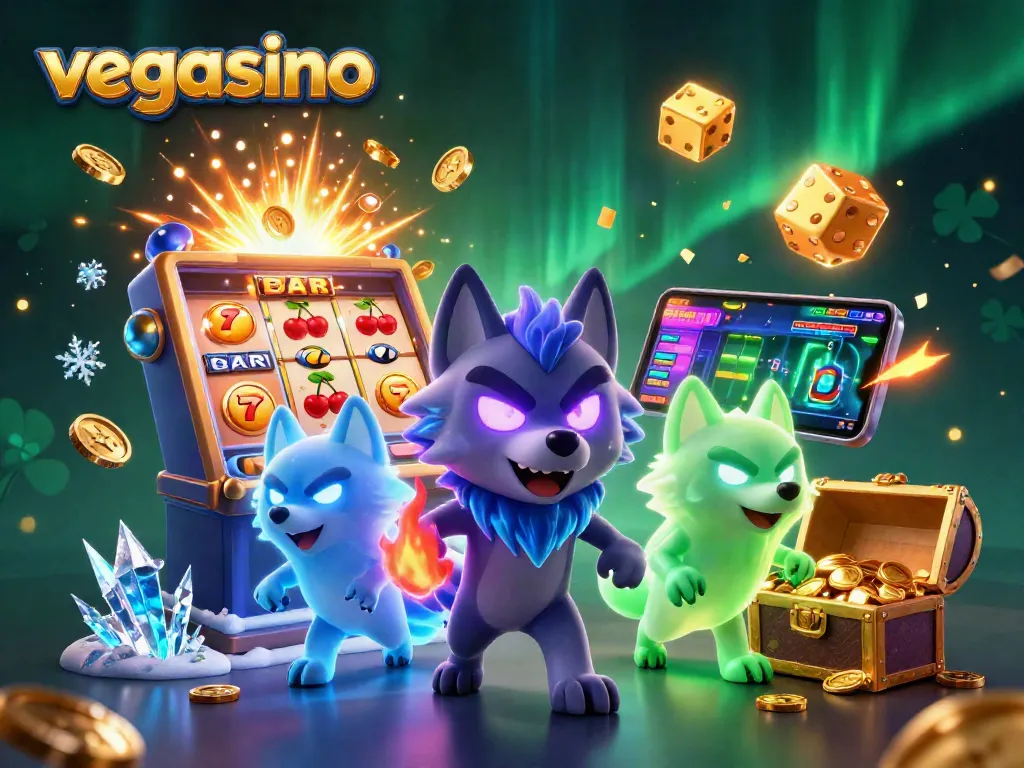 Experience the vibrant world of vegasino with 3D wolves and dynamic casino elements.