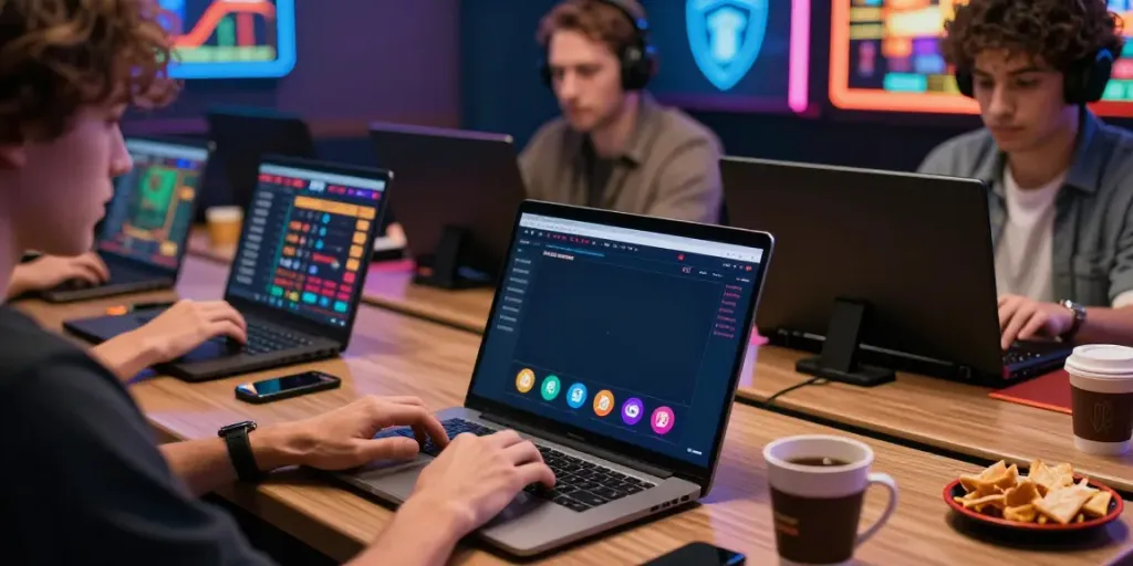 Online gaming experience at https://nbet.group/ with diverse players engaged in bets and digital security.