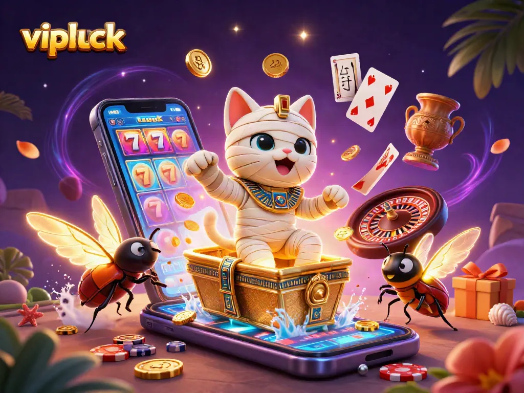 Experience the excitement of vipluck with a vibrant 3D illustration depicting thrilling casino elements and characters.