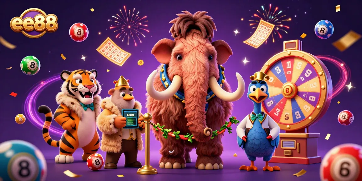 Join the fun at ee88 with a vibrant casino scene featuring colorful lottery elements and lively characters.